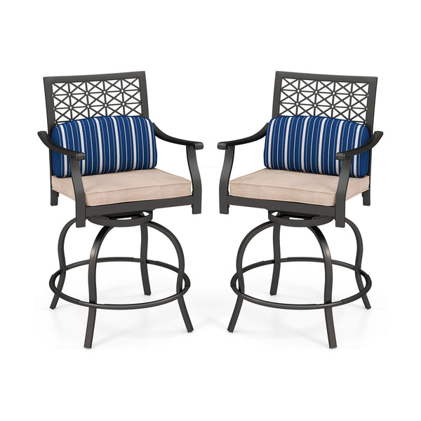 Are you looking for a patio chair set for your outdoor place? These 2-piece swivel bar height chairs will expand both your living and entertaining space outside your home. Â  These patio swivel chairs are made of sturdy steel frames with rust-resistant po