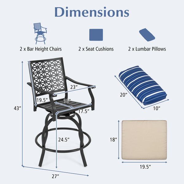 Are you looking for a patio chair set for your outdoor place? These 2-piece swivel bar height chairs will expand both your living and entertaining space outside your home. Â  These patio swivel chairs are made of sturdy steel frames with rust-resistant po