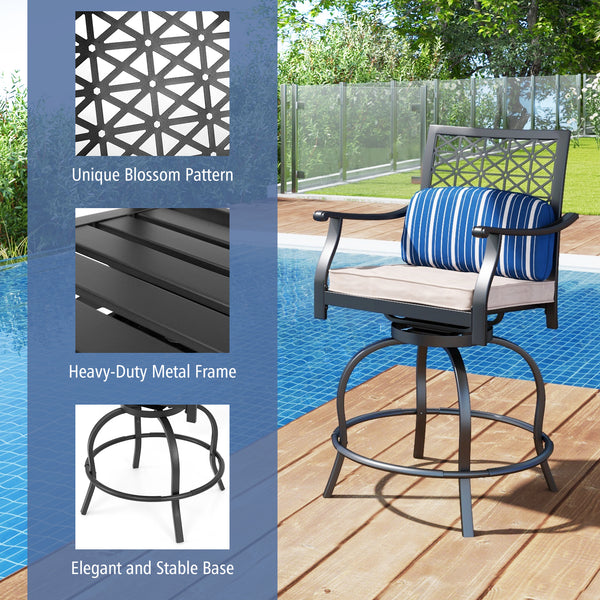 Are you looking for a patio chair set for your outdoor place? These 2-piece swivel bar height chairs will expand both your living and entertaining space outside your home. Â  These patio swivel chairs are made of sturdy steel frames with rust-resistant po