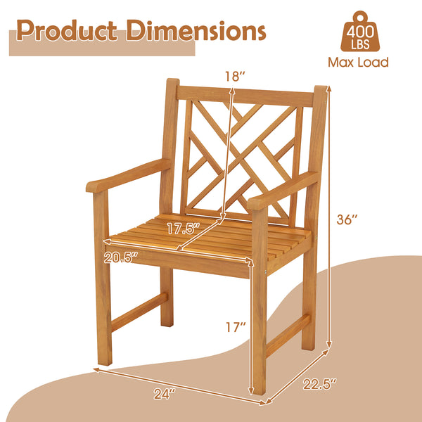Built to last for long service life with solid acacia wood<br>Relieve spinal stress with inclined backrest<br>Offer great arm support with built-in armrests<br>Wide slatted seat for ventilated comfort<br>Enhanced robustness with thick boards and reinforce