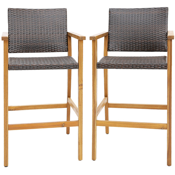 Acacia wood frame is solid and natural<br>High-grade PE rattan for more elegance and durability<br>Comfortable to sit with curved seat and backrest<br>X-shaped metal frame improve stability<br>Adjustable footpads make the bar chairs stand more stably<br>S