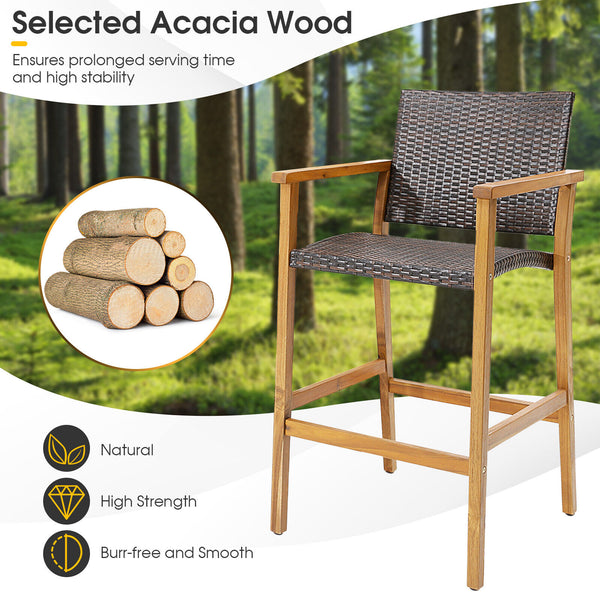 Acacia wood frame is solid and natural<br>High-grade PE rattan for more elegance and durability<br>Comfortable to sit with curved seat and backrest<br>X-shaped metal frame improve stability<br>Adjustable footpads make the bar chairs stand more stably<br>S