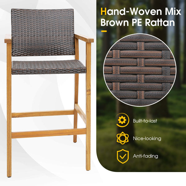 Acacia wood frame is solid and natural<br>High-grade PE rattan for more elegance and durability<br>Comfortable to sit with curved seat and backrest<br>X-shaped metal frame improve stability<br>Adjustable footpads make the bar chairs stand more stably<br>S