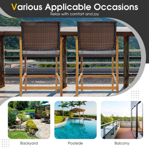 Acacia wood frame is solid and natural<br>High-grade PE rattan for more elegance and durability<br>Comfortable to sit with curved seat and backrest<br>X-shaped metal frame improve stability<br>Adjustable footpads make the bar chairs stand more stably<br>S