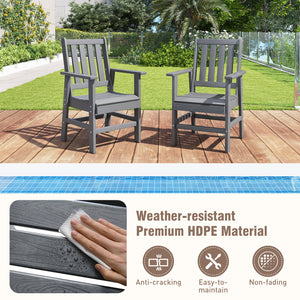 -Constructed of premium HDPE material that is easy-to-maintain and anti-cracking -Reclined high backrest helps you relax your body -Contoured seat provides support for your hips and thighs -Wide armrests allow you to comfortably rest your arms -Stainless 