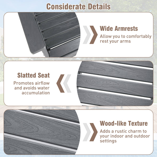 -Constructed of premium HDPE material that is easy-to-maintain and anti-cracking -Reclined high backrest helps you relax your body -Contoured seat provides support for your hips and thighs -Wide armrests allow you to comfortably rest your arms -Stainless 