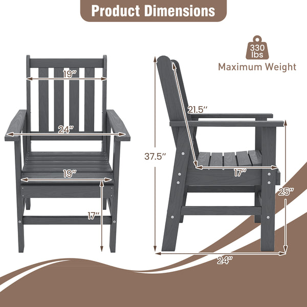 -Constructed of premium HDPE material that is easy-to-maintain and anti-cracking -Reclined high backrest helps you relax your body -Contoured seat provides support for your hips and thighs -Wide armrests allow you to comfortably rest your arms -Stainless 