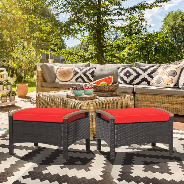 Fade-resistant mix brown PE wicker and rustproof steel frame for longer outdoor use<br>Sturdy construction with non-slip foot pads ensures 400 lbs strong loading capacity<br>Serve as ottomans  extra seats or additional side tables to meet your different n