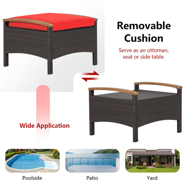 Fade-resistant mix brown PE wicker and rustproof steel frame for longer outdoor use<br>Sturdy construction with non-slip foot pads ensures 400 lbs strong loading capacity<br>Serve as ottomans  extra seats or additional side tables to meet your different n