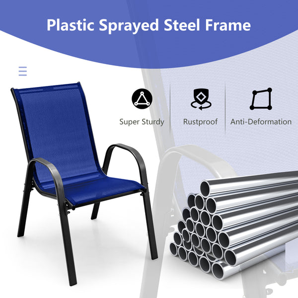 Stackable design for space-saving<br>Lightweight structure for easy movement<br>Fit your body curve perfectly with incline backrest and wide seat<br>Ergonomic armrest for arm relaxation<br>High-quality fabric for breathability and fast drying<br>Hold up t