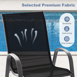 Stackable design for space-saving<br>Lightweight structure for easy movement<br>Fit your body curve perfectly with incline backrest and wide seat<br>Ergonomic armrest for arm relaxation<br>High-quality fabric for breathability and fast drying<br>Hold up t