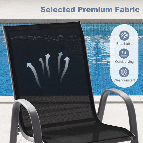 Stackable design for space-saving<br>Lightweight structure for easy movement<br>Fit your body curve perfectly with incline backrest and wide seat<br>Ergonomic armrest for arm relaxation<br>High-quality fabric for breathability and fast drying<br>Hold up t