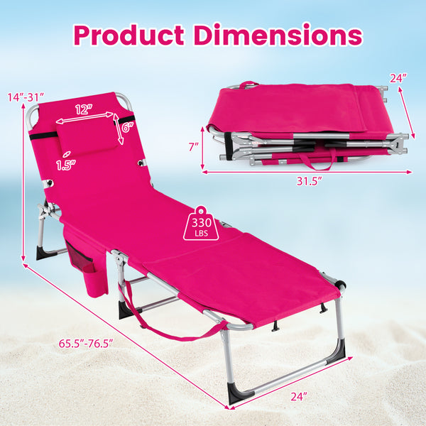 Face hole with U-shaped padding ensures comfortable lying face down<br>Arm openings provide additional relaxation during sunbathing<br>Face hole cover maintains cleanliness and offers more versatility<br>4-level adjustable backrest offers customizable rec
