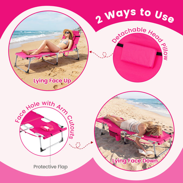 Face hole with U-shaped padding ensures comfortable lying face down<br>Arm openings provide additional relaxation during sunbathing<br>Face hole cover maintains cleanliness and offers more versatility<br>4-level adjustable backrest offers customizable rec
