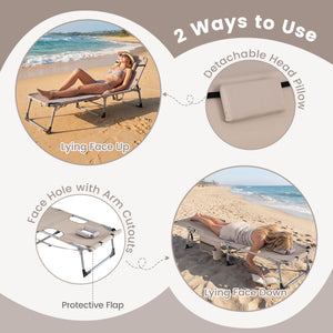 Face hole with U-shaped padding ensures comfortable lying face down<br>Arm openings provide additional relaxation during sunbathing<br>Face hole cover maintains cleanliness and offers more versatility<br>4-level adjustable backrest offers customizable rec