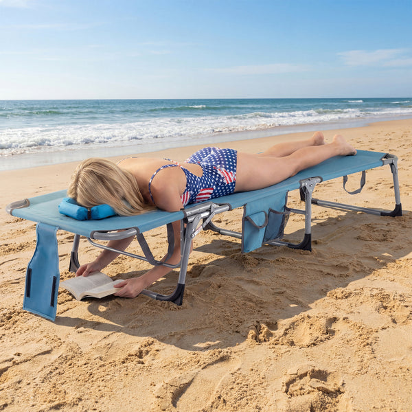 4-position adjustable back customized for different postures<br>2 footrest positions with flexible joints for more coziness<br>Built-in face hole and arm holes for face-down position<br>Removable head pillow enhances the comfort of lying<br>Folding chair 