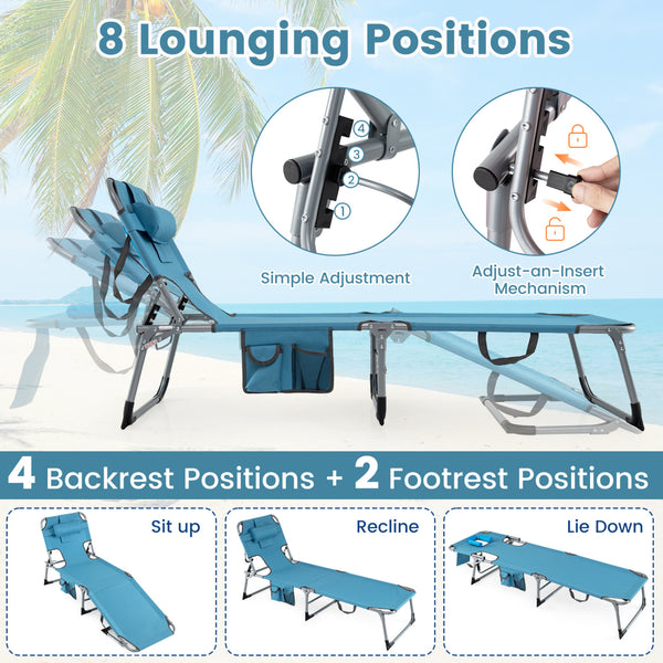 4-position adjustable back customized for different postures<br>2 footrest positions with flexible joints for more coziness<br>Built-in face hole and arm holes for face-down position<br>Removable head pillow enhances the comfort of lying<br>Folding chair 