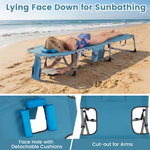 4-position adjustable back customized for different postures<br>2 footrest positions with flexible joints for more coziness<br>Built-in face hole and arm holes for face-down position<br>Removable head pillow enhances the comfort of lying<br>Folding chair 