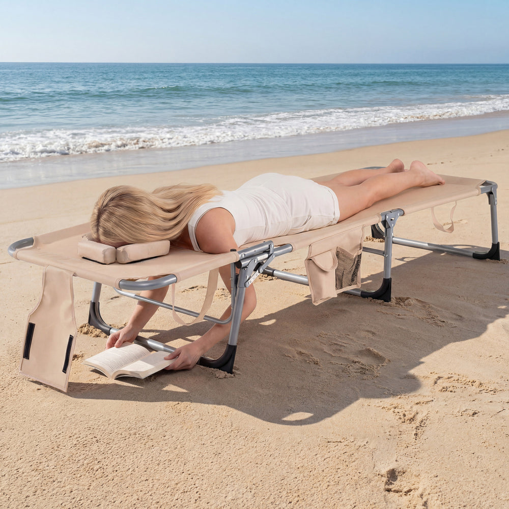 4-position adjustable back customized for different postures<br>2 footrest positions with flexible joints for more coziness<br>Built-in face hole and arm holes for face-down position<br>Removable head pillow enhances the comfort of lying<br>Folding chair 