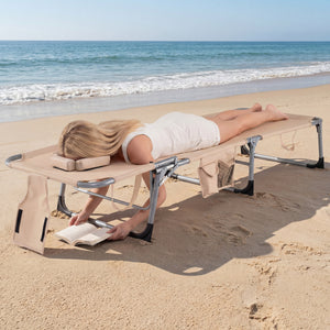 4-position adjustable back customized for different postures<br>2 footrest positions with flexible joints for more coziness<br>Built-in face hole and arm holes for face-down position<br>Removable head pillow enhances the comfort of lying<br>Folding chair 