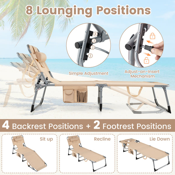 4-position adjustable back customized for different postures<br>2 footrest positions with flexible joints for more coziness<br>Built-in face hole and arm holes for face-down position<br>Removable head pillow enhances the comfort of lying<br>Folding chair 