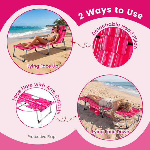 Face hole with U-shaped padding ensures comfortable lying face down<br>Arm openings provide additional relaxation during sunbathing<br>Face hole cover maintains cleanliness and offers more versatility<br>4-level adjustable backrest offers customizable rec