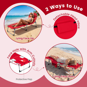 Face hole with U-shaped padding ensures comfortable lying face down<br>Arm openings provide additional relaxation during sunbathing<br>Face hole cover maintains cleanliness and offers more versatility<br>4-level adjustable backrest offers customizable rec