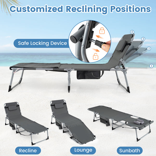 Face hole with U-shaped padding ensures comfortable lying face down<br>Arm openings provide additional relaxation during sunbathing<br>Face hole cover maintains cleanliness and offers more versatility<br>4-level adjustable backrest offers customizable rec