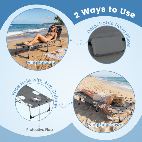 Face hole with U-shaped padding ensures comfortable lying face down<br>Arm openings provide additional relaxation during sunbathing<br>Face hole cover maintains cleanliness and offers more versatility<br>4-level adjustable backrest offers customizable rec