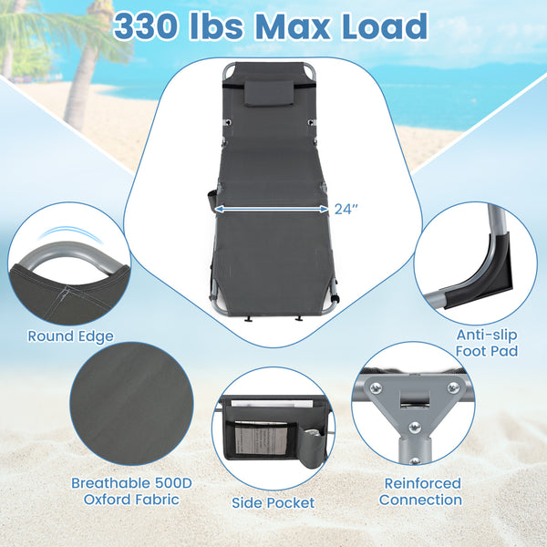 Face hole with U-shaped padding ensures comfortable lying face down<br>Arm openings provide additional relaxation during sunbathing<br>Face hole cover maintains cleanliness and offers more versatility<br>4-level adjustable backrest offers customizable rec