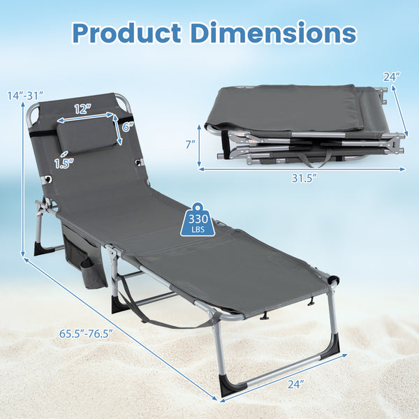 Face hole with U-shaped padding ensures comfortable lying face down<br>Arm openings provide additional relaxation during sunbathing<br>Face hole cover maintains cleanliness and offers more versatility<br>4-level adjustable backrest offers customizable rec