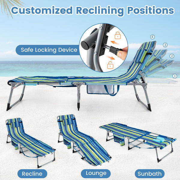 Face hole with U-shaped padding ensures comfortable lying face down<br>Arm openings provide additional relaxation during sunbathing<br>Face hole cover maintains cleanliness and offers more versatility<br>4-level adjustable backrest offers customizable rec