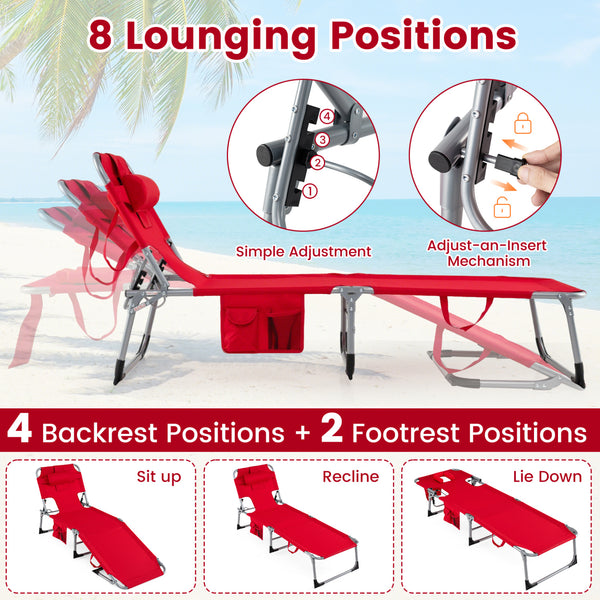 4-position adjustable back customized for different postures<br>2 footrest positions with flexible joints for more coziness<br>Built-in face hole and arm holes for face-down position<br>Removable head pillow enhances the comfort of lying<br>Folding chair 
