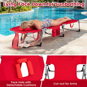 4-position adjustable back customized for different postures<br>2 footrest positions with flexible joints for more coziness<br>Built-in face hole and arm holes for face-down position<br>Removable head pillow enhances the comfort of lying<br>Folding chair 