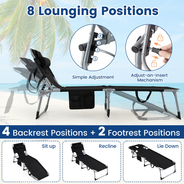 4-position adjustable back customized for different postures<br>2 footrest positions with flexible joints for more coziness<br>Built-in face hole and arm holes for face-down position<br>Removable head pillow enhances the comfort of lying<br>Folding chair 