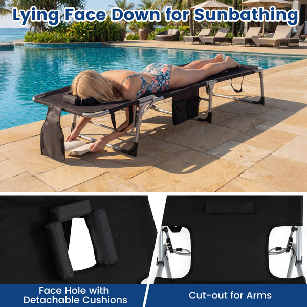 4-position adjustable back customized for different postures<br>2 footrest positions with flexible joints for more coziness<br>Built-in face hole and arm holes for face-down position<br>Removable head pillow enhances the comfort of lying<br>Folding chair 