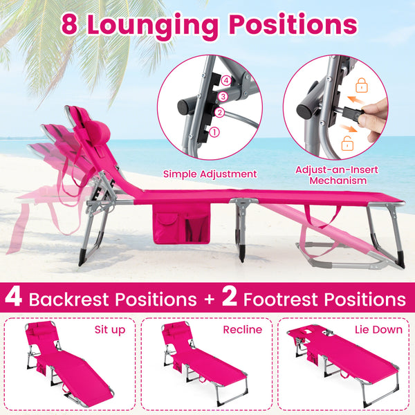 4-position adjustable back customized for different postures<br>2 footrest positions with flexible joints for more coziness<br>Built-in face hole and arm holes for face-down position<br>Removable head pillow enhances the comfort of lying<br>Folding chair 