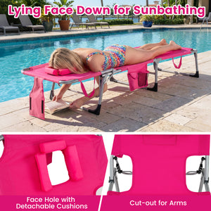 4-position adjustable back customized for different postures<br>2 footrest positions with flexible joints for more coziness<br>Built-in face hole and arm holes for face-down position<br>Removable head pillow enhances the comfort of lying<br>Folding chair 