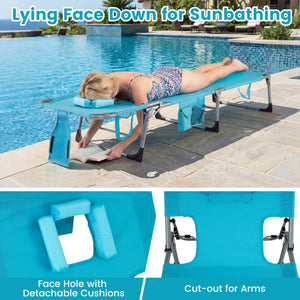 4-position adjustable back customized for different postures<br>2 footrest positions with flexible joints for more coziness<br>Built-in face hole and arm holes for face-down position<br>Removable head pillow enhances the comfort of lying<br>Folding chair 