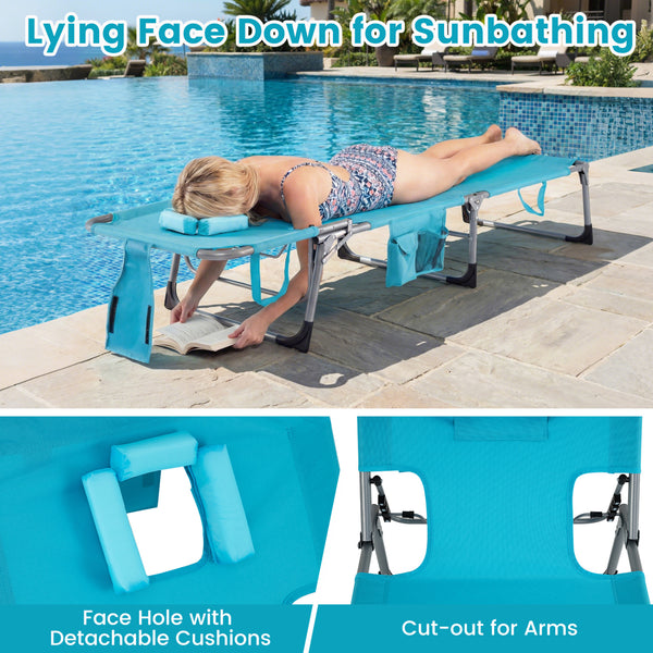 4-position adjustable back customized for different postures<br>2 footrest positions with flexible joints for more coziness<br>Built-in face hole and arm holes for face-down position<br>Removable head pillow enhances the comfort of lying<br>Folding chair 