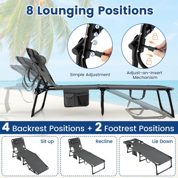 4-position adjustable back customized for different postures<br>2 footrest positions with flexible joints for more coziness<br>Built-in face hole and arm holes for face-down position<br>Removable head pillow enhances the comfort of lying<br>Folding chair 