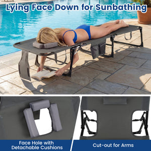 4-position adjustable back customized for different postures<br>2 footrest positions with flexible joints for more coziness<br>Built-in face hole and arm holes for face-down position<br>Removable head pillow enhances the comfort of lying<br>Folding chair 
