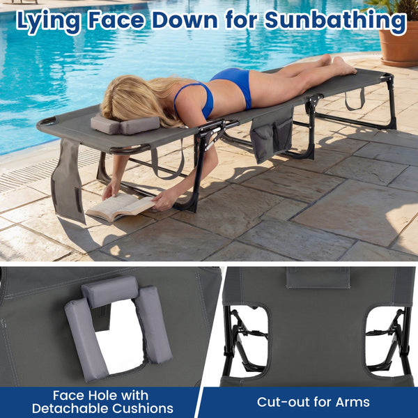 4-position adjustable back customized for different postures<br>2 footrest positions with flexible joints for more coziness<br>Built-in face hole and arm holes for face-down position<br>Removable head pillow enhances the comfort of lying<br>Folding chair 
