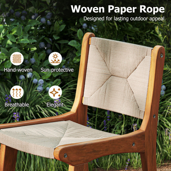 Designed for lasting outdoor appeal with hand-woven paper rope Provide a breathable seating experience for added comfort Its sun-protective feature ensures long-lasting performance Provide exceptional strength and natural beauty with solid teak wood Hold 