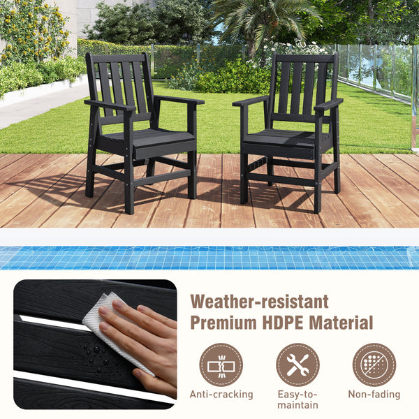 -Constructed of premium HDPE material that is easy-to-maintain and anti-cracking -Reclined high backrest helps you relax your body -Contoured seat provides support for your hips and thighs -Wide armrests allow you to comfortably rest your arms -Stainless 