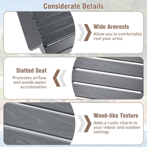 -Constructed of premium HDPE material that is easy-to-maintain and anti-cracking -Reclined high backrest helps you relax your body -Contoured seat provides support for your hips and thighs -Wide armrests allow you to comfortably rest your arms -Stainless 