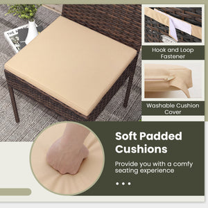 Soft to sit on thanks to the comfortable and removable cushions <br>Avoid cushions being moved with fixed ropes <br>All the covers can be detached for easy cleaning <br>Please take cushions back home if it rains <br>Durable black PE rattan for weather res