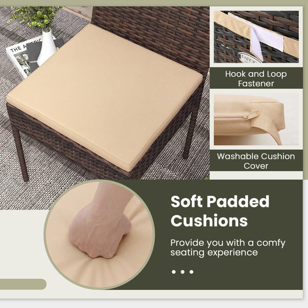 Soft to sit on thanks to the comfortable and removable cushions <br>Avoid cushions being moved with fixed ropes <br>All the covers can be detached for easy cleaning <br>Please take cushions back home if it rains <br>Durable black PE rattan for weather res