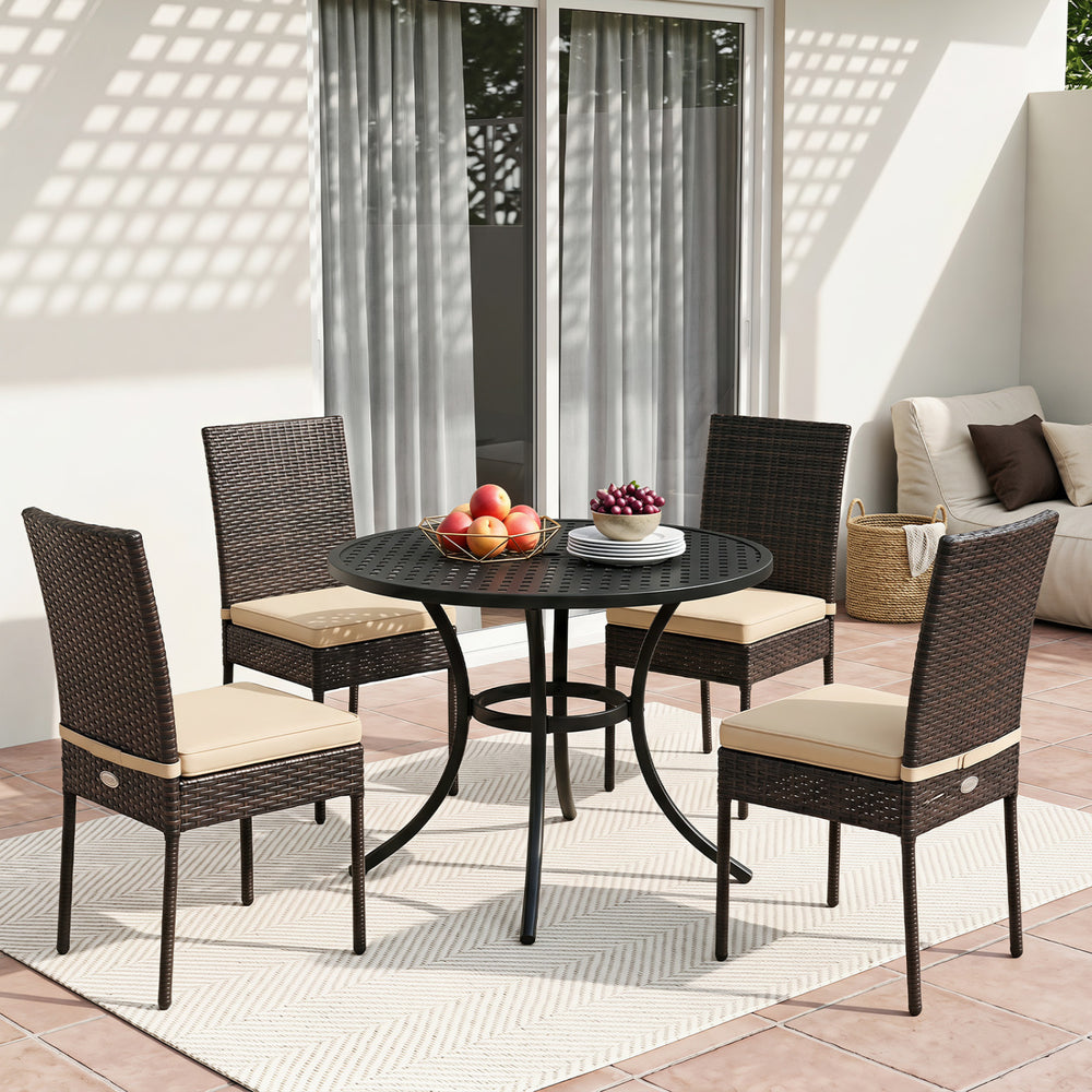 Soft to sit on thanks to the comfortable and removable cushions <br>Avoid cushions being moved with fixed ropes <br>All the covers can be detached for easy cleaning <br>Please take cushions back home if it rains <br>Durable black PE rattan for weather res