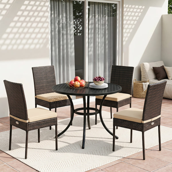 Soft to sit on thanks to the comfortable and removable cushions <br>Avoid cushions being moved with fixed ropes <br>All the covers can be detached for easy cleaning <br>Please take cushions back home if it rains <br>Durable black PE rattan for weather res